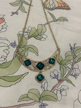 Gold-Tone Necklace with Emerald Green Stones - Women Jewelry